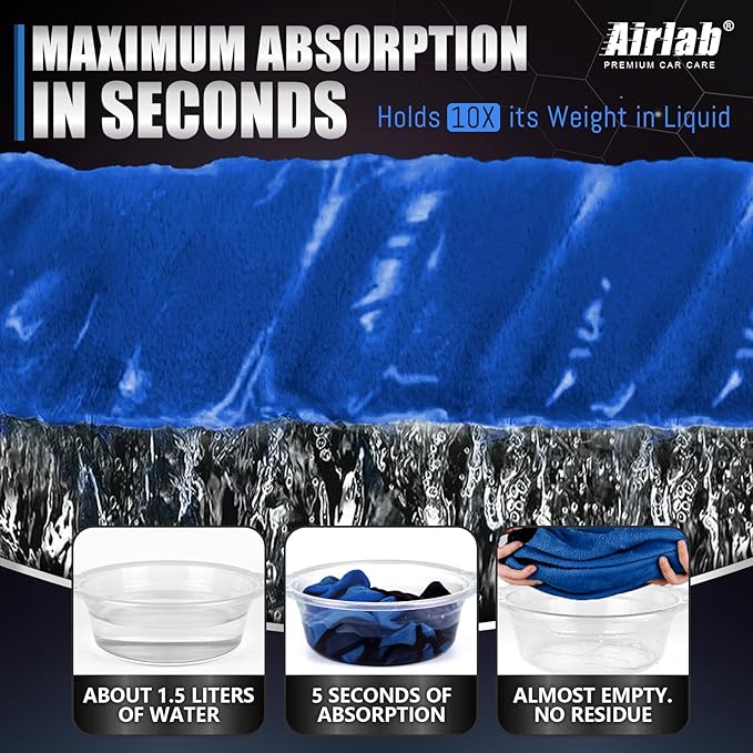 Airlab Microfiber Towels for Cars Wash Drying Thick Plush Cleaning Cloth Auto Detailing Super Absorbent for Interior & Exterior Lint Free, Streak Free, 16" X 16", 800 GSM, Pack of 4