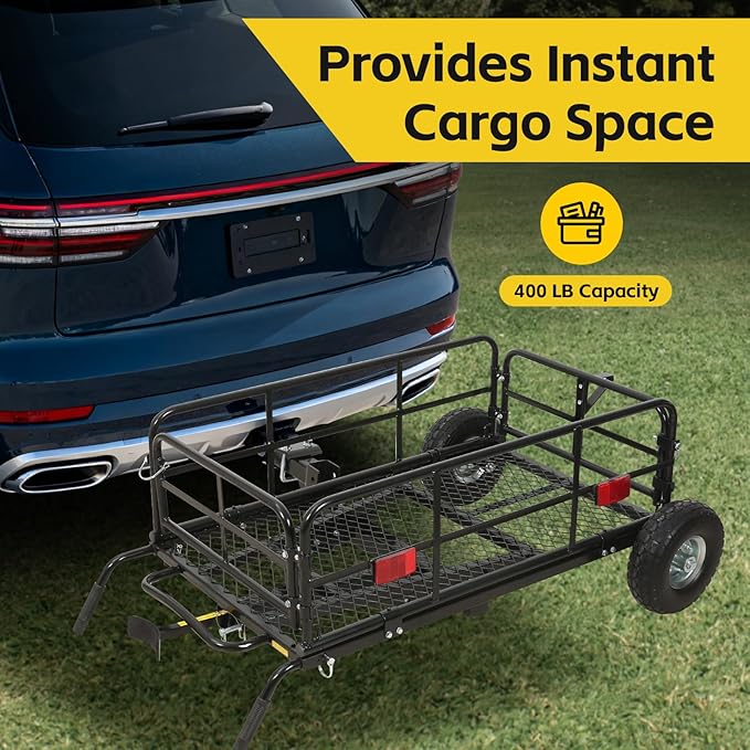 MaxxHaul 50243 Foldable Hitch N Roll Cargo Carrier Cart With Quick Detachable Basket Rack With 10 inch Flat Free Tires for Home Camp Travel Ranch SUV Up to 400 lb. Capacity