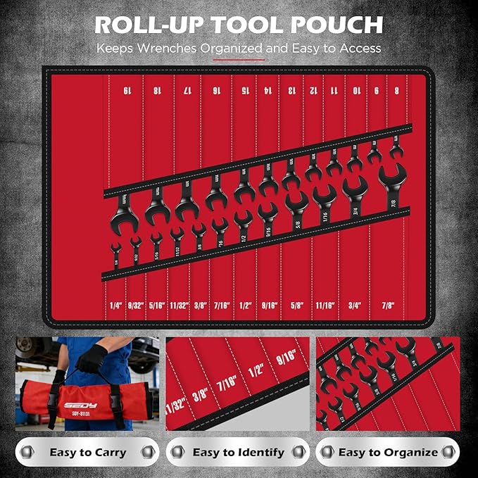 Premium 24-Piece Ratcheting Wrench Set, SAE(1/4-7/8") & Metric(8–19mm) Combination Wrenches, 72-Tooth CR-V Steel with Durable Black Finish, Ratchet Spanners with Roll-Up Tool Pouch for Repair