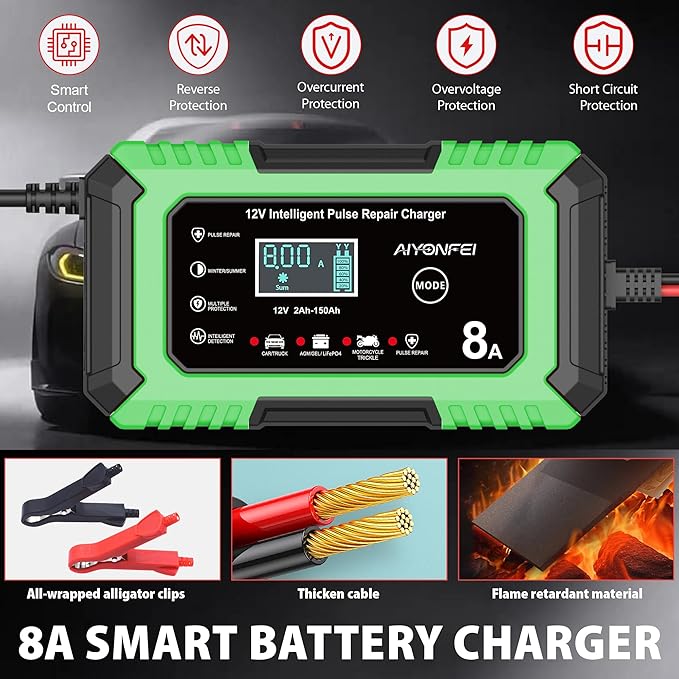 12V 8A Battery Charger, Smart Trickle Charger & Battery Maintainer, Desulfator, Temperature Compensation for LiFePO4, Lead Acid, AGM, Gel, EFB, VRLA, Car, Truck, Motorcycle, Boat (Green)