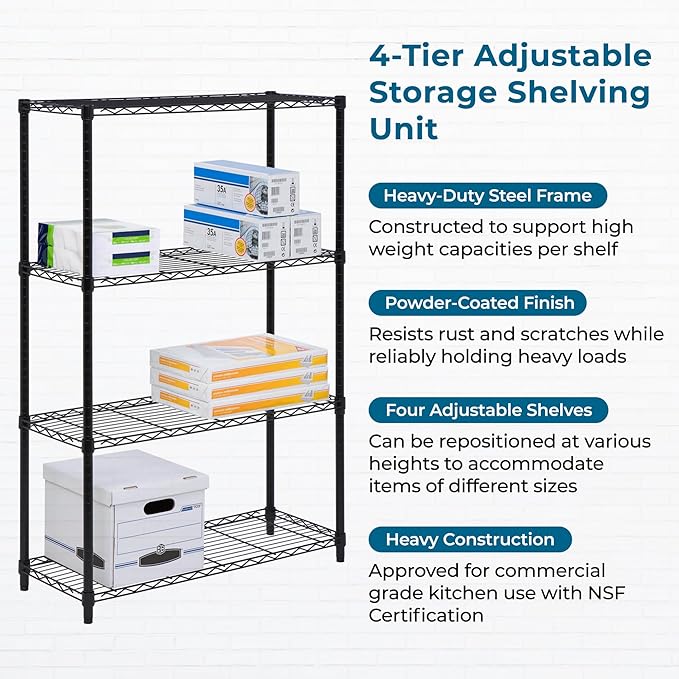 Honey-Can-Do 4-Tier Heavy-Duty Adjustable Shelves, Metal Storage Rack with 250-lb Shelf Capacity, Black, 14" W x 36" L x 54" H