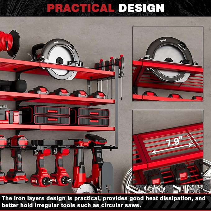 NattyDot 48" Large Power Tools Organizer Wall Mount,12 Drill Holder for Garage, Workshop Heavy Duty Storage Rack (Red)