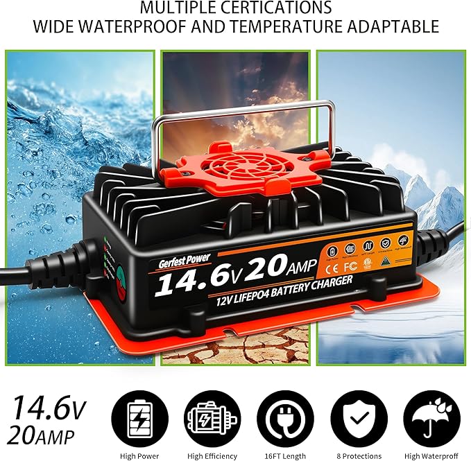 12V 20A LiFePO4 Battery Charger 【Smart, Waterproof, Temperature Control, 2 Universal Connectors】 14.6V Lithium Battery Charger for RV, Marine, Solar, Off-Grid, Home Deep Cycle Battery