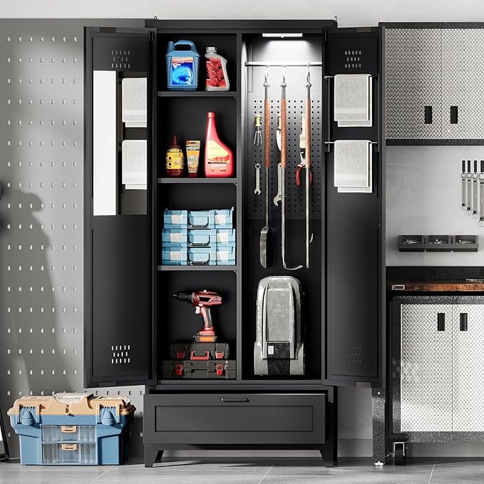 YITAHOME 71" Metal Garage Broom Cabinets with Adjustable Shelves, Vacuum Storage Cabinet with Doors and Drawer, Tool Storage Cabinet for Gym, Basement, Warehouse, Black, Metal