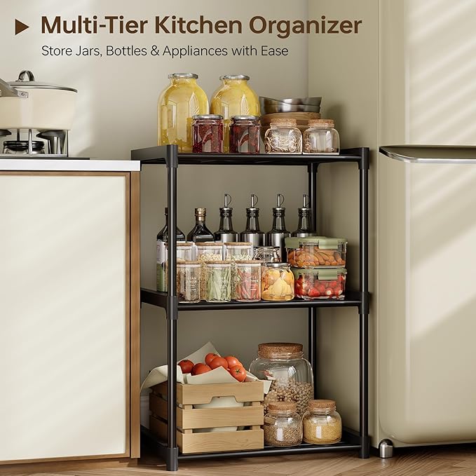 3-Tier Storage Shelves with Plastic Connectors – Metal Shelf Organizer for Pantry, Closet & Bathroom, Space-Saving Sturdy Shelving Unit Rack, Black, 17.3" x 12.8" x 28.9"