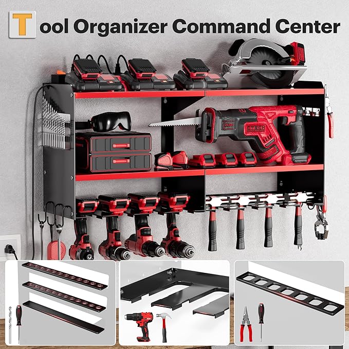Spampur Power Tool Organizer Wall Mount with Charging Station, 15 Min Assembly & Maximum 420lbs Load by Heavy Duty Metal, 8 Slots for Cordless Drill, Tool Battery Holder with 6 Outlet Power Strip