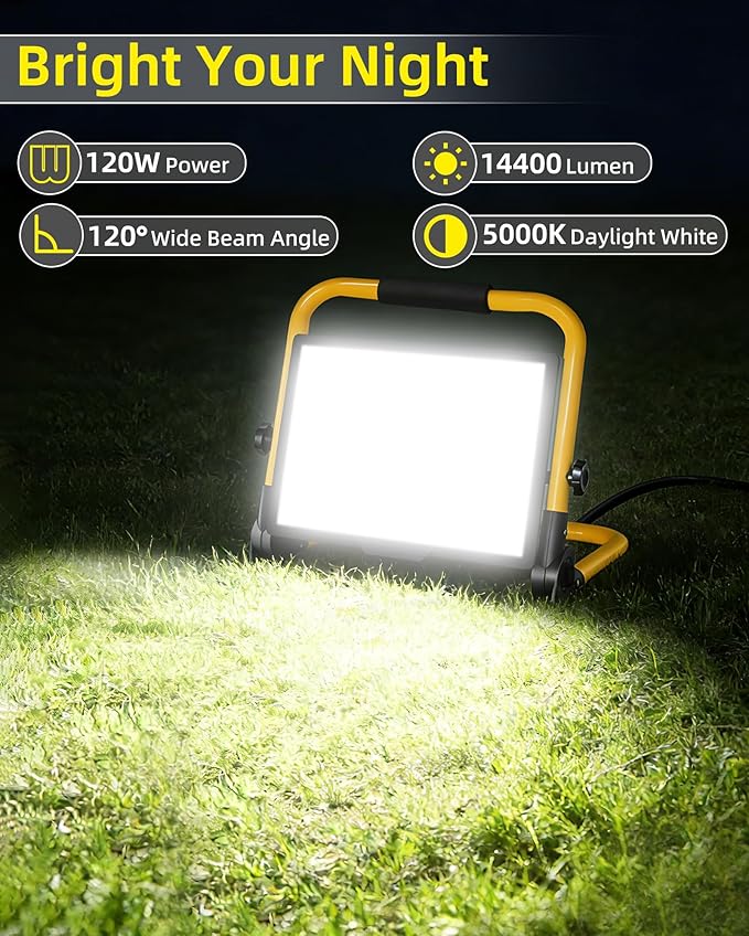 14400LM LED Work Light, 120W Flood Light with 16FT Cord & Switch, Portable Worklight with Stand, 5000K IP66 Waterproof Construction Lighting for Job Site Repairing Workshop Garage