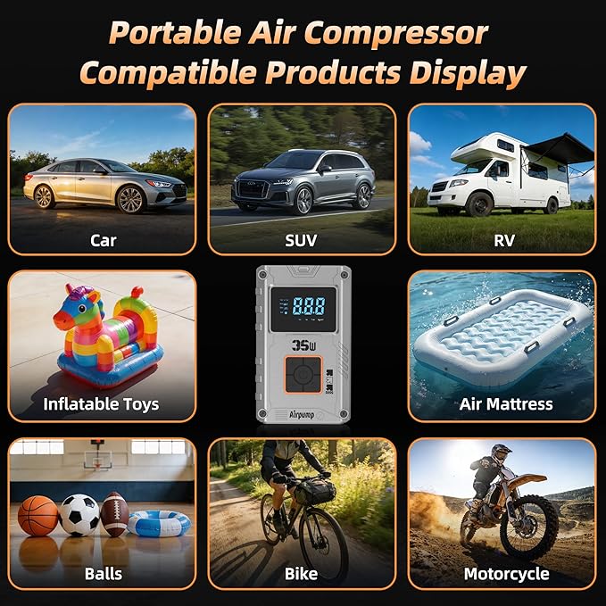 Tire Inflator, 150 PSI Air Compressor with 6000mAh Battery, Car Tire Pump, Air Pump for Car Tires, Bike Inflator, Car Accessories for Cars, Motorcycles & Bikes