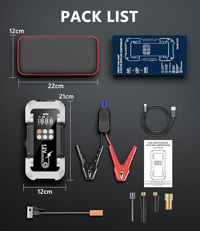 Car Jump Starter with Air Compressor, 4000A Portable Jump Starter Battery Pack with 150PSI Tire Inflator (All Gas/8L Diesel) Jump Box 12V Car Battery Charger, 3 Modes Flashlight and Jumper Cables