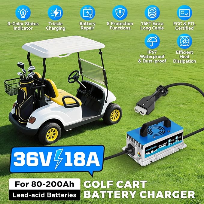 36 Volt 18A Golf Cart Battery Charger for EZGO Marathon Golf Carts IP67 Waterproof 36V EZGO Golf Cart Charger with Anderson SB-50 Plug, Trickle Charge, 5-7H Full Charge,16FT Cord for Lead Acid Battery
