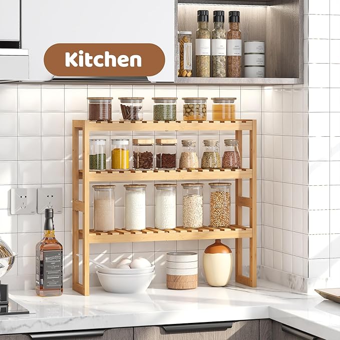 FILWH Bamboo Organizer Rack - Adjustable 3-Tier Storage Shelf, Wall Mounted or Over The Toilet, Living Room, Kitchen (Natural)