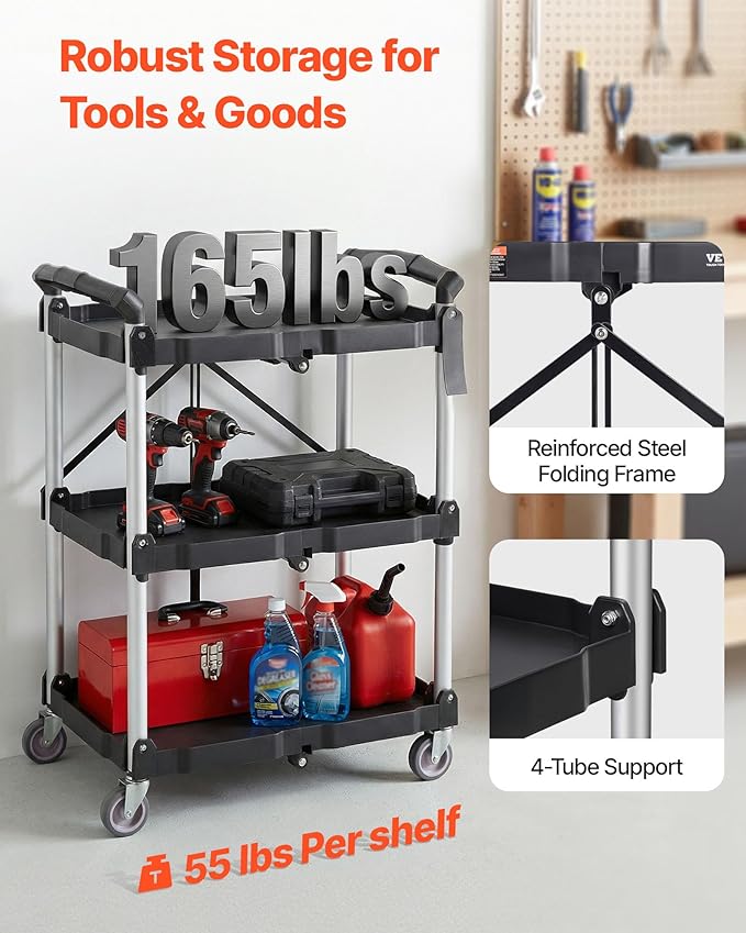 VEVOR Foldable Utility Service Cart, 165LBS 3 Shelf Heavy Duty Plastic Rolling Cart with 360° Swivel Wheels (2 with Brakes), Ergonomic Handle, Portable Garage Tool Cart for Warehouse Office Home