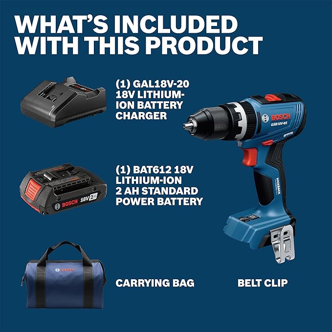 BOSCH GSB18V-65B12 1/2 In. Brushless Hammer Drill/Driver Kit - 575 In.-Lbs. Max Torque, Switchable KickBack Control, Rapid Mode Selector, Dual LED Worklights, Battery and Charger Kit Included