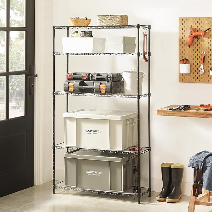 SONGMICS 5-Tier Storage Shelves, Wire Shelving Unit, Kitchen Metal Shelves, Storage Rack with Adjustable Shelves, Shelf Liners, 8 Hooks, for Garage, 11.8 x 35.4 x 63 Inches, Black ULGR095B01