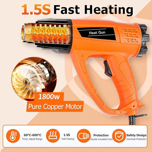 Heat Gun 1800W 140℉~1112℉ (60℃-600℃) Heavy Duty Fast Heating Hot Air Gun Kit Variable Temperature Control with Overheat Protection, 5 Nozzles for Crafting, Shrink Tubing, Vinyl Wrap, Resin, DIY