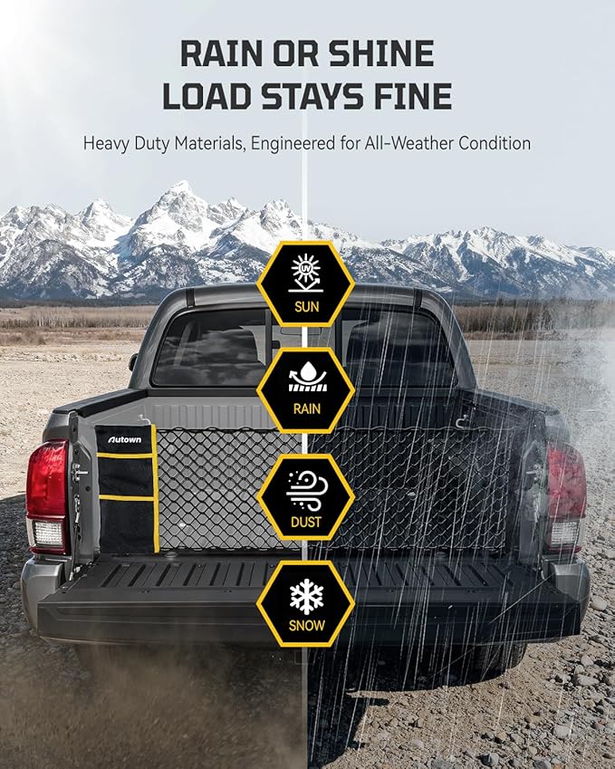 AUTOWN Truck Bed Cargo Net, Envelope Style Bed Netting for 2005-2025 Toyota Tacoma, Pickup Truck Bed Organizer with Upgraded 5mm Bungee & Integrated Storage Bag & Eyebolts & Carabiners