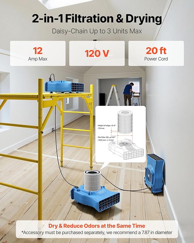 VEVOR Blower Fan, Low Profile Air Mover Carpet Dryer, 1000 CFM, 2 Speeds, Multi-Angle Airflow, Lightweight Portable for Crawlspaces, Attics, Basements, Bathrooms, Water Damage Restoration, Blue