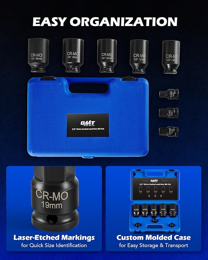 Orion Motor Tech 8pc 1/2" Drive Axle Nut Socket Set, Metric 12 Point CR-MO Axle Nut Impact Socket Set, Extra-Deep Spindle Axle Nut Sockets with Storage Case, 14mm 17mm 19mm, 30mm 32mm 34mm 35mm 36mm