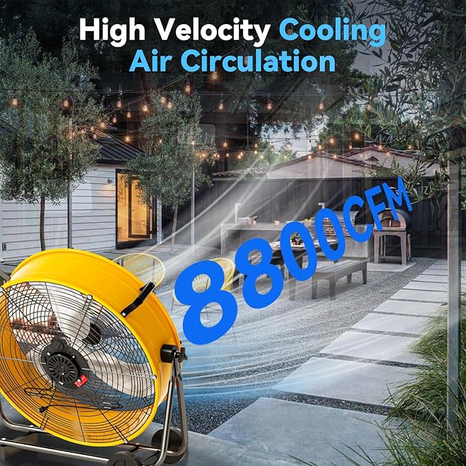 24 inch High Velocity Industrial Drum Fan, 8800 CFM Heavy Duty Metal Air Circulator, 3-Speed Floor Fan with 360° Tilt & Wheels for Warehouse, Workshop, Factory & Gym – UL Listed