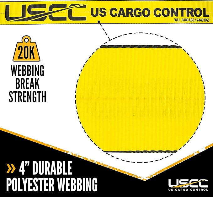 US Cargo Control Flat Hook Ratchet Strap 4 Inch x 30 Foot, 5,400 LBS Working Load Limit, Yellow 4 Inch Ratchet Straps Heavy Duty for Flatbed Trailers, Professional Flatbed Hauling