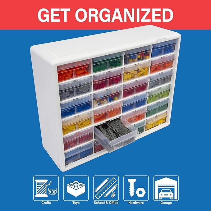 Akro-Mils 24-Drawer Plastic Drawer Storage Cabinet for Garage Organization, Bead Organizer, Building Bricks Storage, Teacher Toolbox, Makeup Organizer, 20" W x 6" D x 16" H, 10124 White