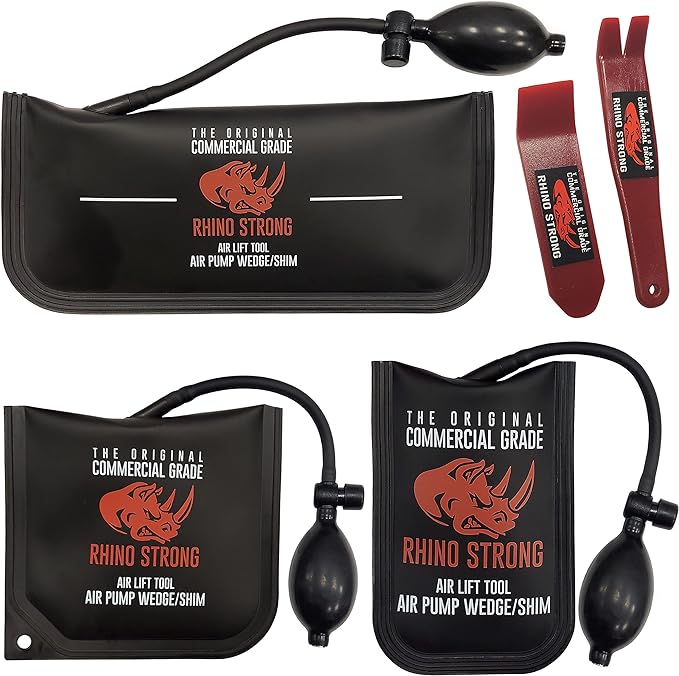 The Original Rhino Strong Commercial Grade Air Wedge Bag Pump Professional Leveling Kit & Alignment Tool Inflatable Shim Bag 3 Piece (Small, Medium, Large). 3 sizes for all of your individual needs.