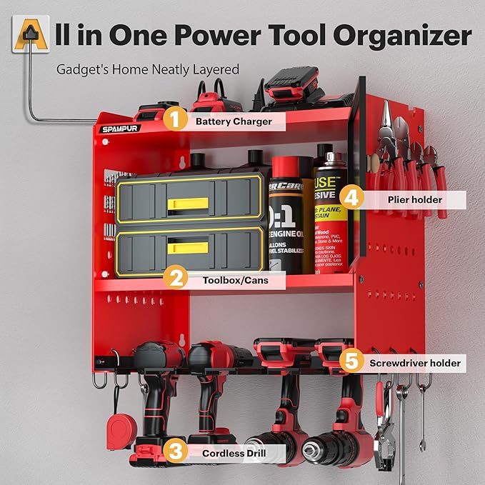 Spampur Power Tool Organizer Wall Mount with Charging Station,Garage Metal Cabinet 15 Min Quick Assembly & Max 150lb load with 6 Outlet Power Strip, 8 Slots Cordless Drill for Workshop/Shed/Tool Room