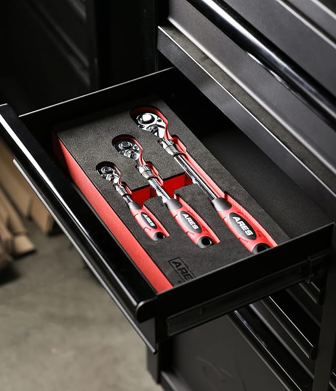 ARES 42055-3-Piece 72-Tooth Extendable Ratchet Set - Chrome Vanadium Steel - Mirror Polish Chrome Finish - Comfort Grip Injection Handle - Quick Release Socket Change - 72-Tooth Reversible Design