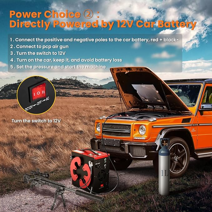 GX PUMP GX-E-CS3-I Portable PCP Air Compressor, Built-in Home Converter, Auto-Stop, Oil-Free, Built-in Water-Oil Separator Filter, Powered by 12V DC or Home 110V AC, 4500Psi/30Mpa