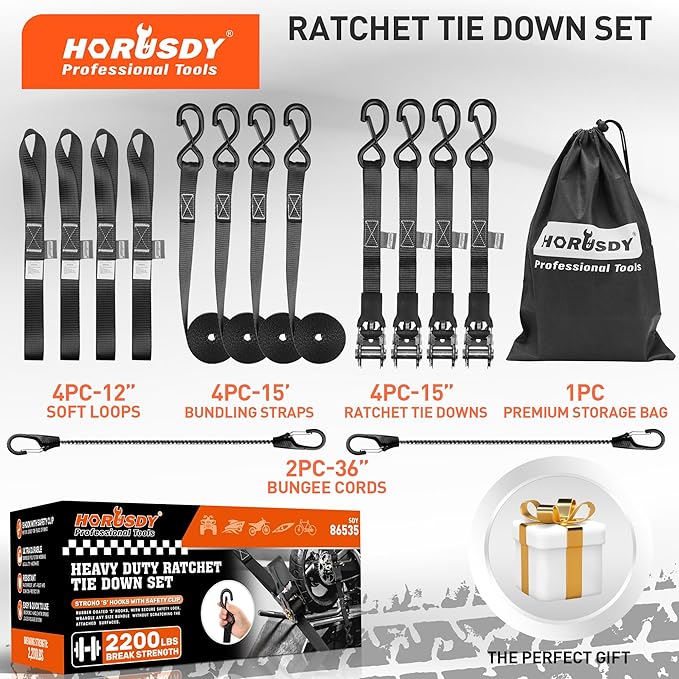 HORUSDY Ratchet Straps Heavy Duty, Tie Down Straps Ratchet Set, 2200 LB Break Strength, Safety Lock S Hooks, Best for Moving, Securing Cargo, Kayaks, Mountain (4 Pack，Black)