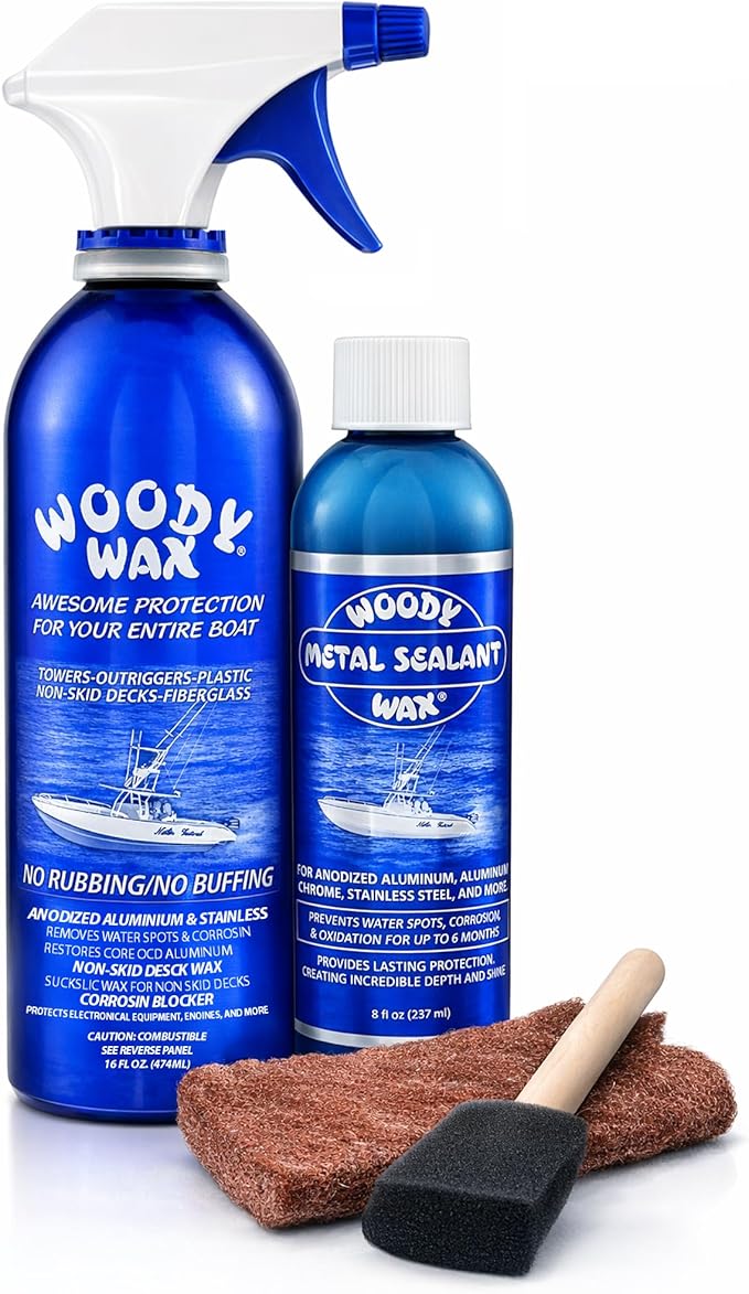 Woody Wax Tower Treatment & Metal Restoration Kit, Professional Marine Corrosion Blocker & High-Gloss Sealant for Aluminum, Stainless Steel & Outriggers, Restores Pitted Metal & Protects for 6 Months