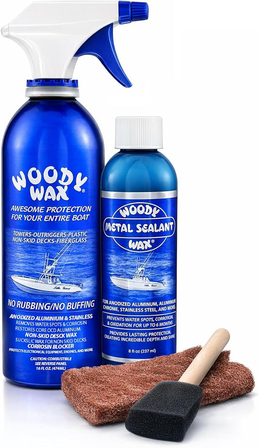 Woody Wax Tower Treatment & Metal Restoration Kit, Professional Marine Corrosion Blocker & High-Gloss Sealant for Aluminum, Stainless Steel & Outriggers, Restores Pitted Metal & Protects for 6 Months