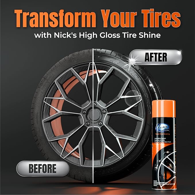 Nick's Professional Supplies High Gloss Tire Shine (1 Pack) - Long Lasting Tire Care - Your Ultimate Wet Tire Shine Spray for a Black Finish Shine on Ceramic Coating for Cars, Trucks, Motorcycles.