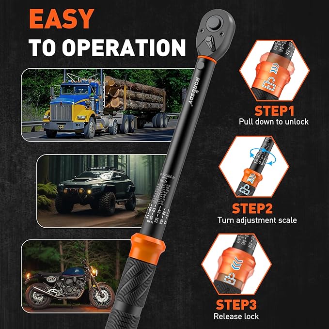 HORUSDY 1/2-Inch Drive Click Torque Wrench Set – 10–170 ft-lb / 13.6–230.5 Nm, ±3% Precision, Dual Scale, 72-Tooth Reversible Head with 5" Extension & Adapter for Car, Tire, and Motorcycle Use