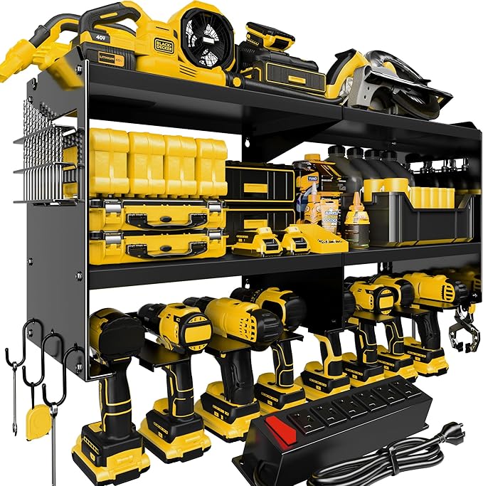 Spampur Power Tool Organizer Wall Mount with Charging Station, 15 Min Assembly & Maximum 420lb Load by Heavy Duty Metal, 8 Slots for Cordless Drill, Tool Battery Holder with 6 Outlet Power Strip