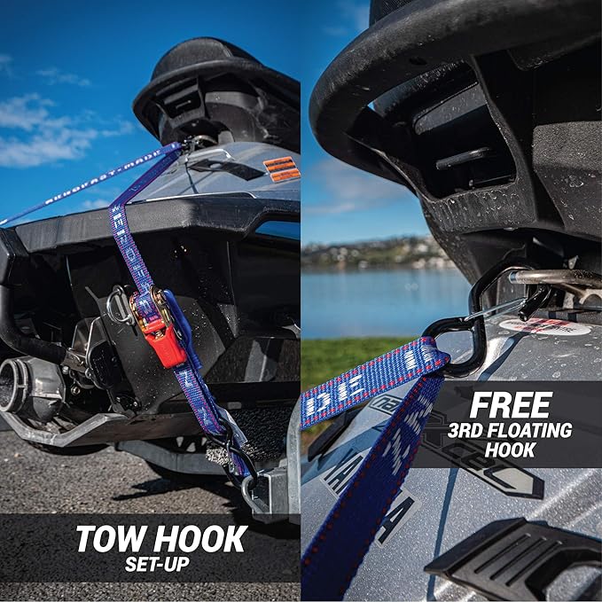 Jetski Ratchet Tie Down Strap - Made in NZ - 1" x 8' Heavy Duty With Floating PVC Hook - for Jetskis, Seadoo, Waverunner & PWCs - 1,800lbs Break Strength - 1 Strap (Blue)
