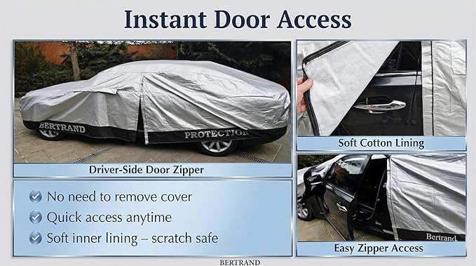 BERTRAND Premium Sedan Car Cover (179 x 69 - Size - A1) - Waterproof All Weather | Door Zipper + Mirror Pockets | Cotton-Lined | UV Protection + Reduces Hail Impact | Compact Sedans