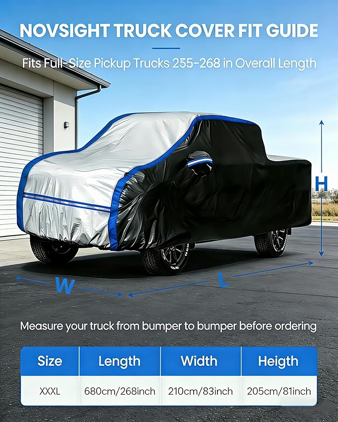 NOVSIGHT Pickup Truck Cover Waterproof, Heavy Duty 10-Layer All Weather Cover with Windproof Straps, Fits 255-268 in Full-Size Trucks, for F150 Silverado 1500 Sierra 1500 Ram 1500