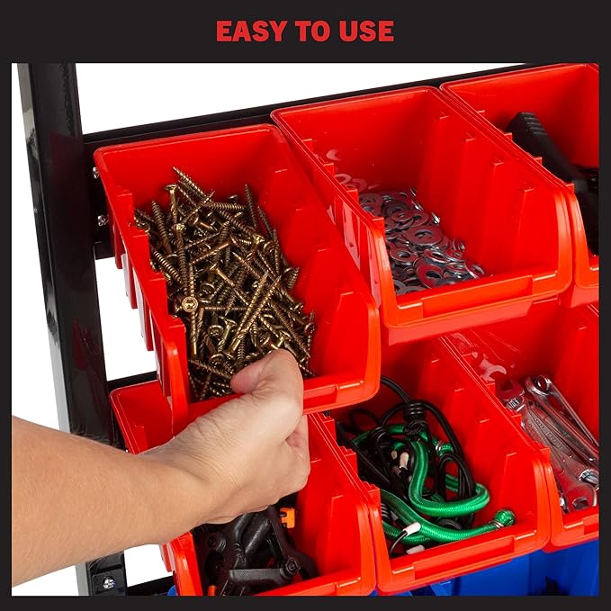 47-Bin Garage Organization Rack (15 Large, 32 Small) - Tabletop or Wall Mount Steel Rack with Removable Stackable Garage Storage Bins, Small Parts Organizer for Hardware or Office Supplies by Stalwart