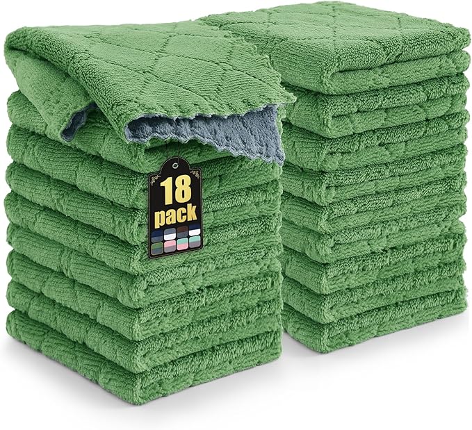 Mordimy 18 Pack Kitchen Cloths Dish Towels (10" x 10", Dark Grey & Grass Green), Super Soft and Absorbent Dish Cloths, Coral Velvet Microfiber Cleaning Cloth, Nonstick Oil Fast Dry Dishcloths