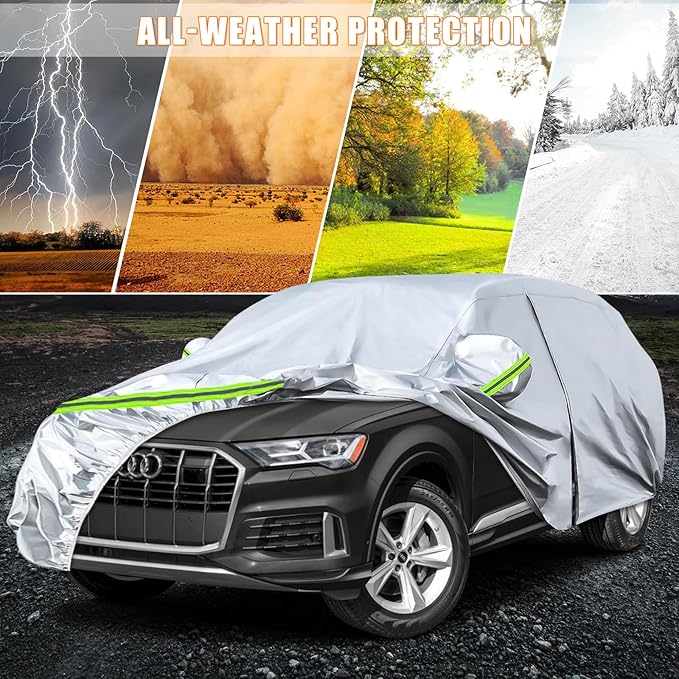Waterproof Car Covers Replace for 2006-2025 Audi Q7/SQ7, 6 Layers Silver All Weather Custom-fit Car Cover with Zipper Door & Windproof Bands for Snow Rain Dust Hail Protection