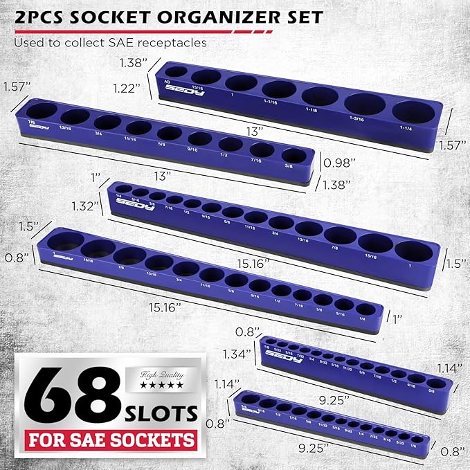 6-Piece 1/4" 3/8" 1/2"-Driver SAE Magnetic Socket Organizer Set (Holds 68 Sockets) - Detachable Tool Tray with 5mm Magnetic Base for Garage/Home Workshop(Sockets Not Included)