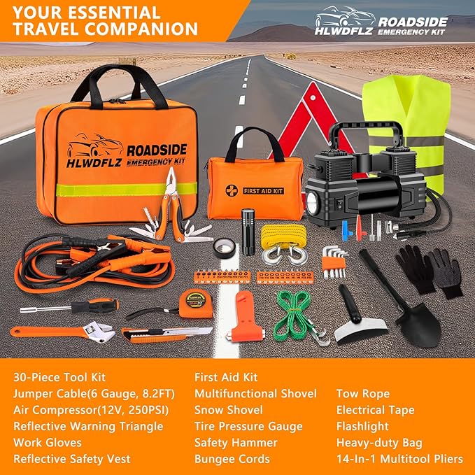 Car Emergency Kit with Portable Air Compressor - Roadside Assistance Emergency Kit with Jumper Cables, First Aid Kit, Auto Tool Set, Winter Safety Kit for Women, Men, Teen (Orange)