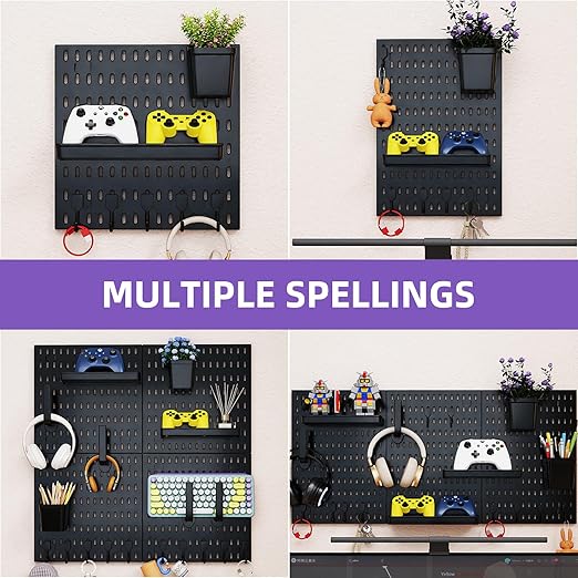 Pegboard Combination Wall Organizer Kit，4 Pegboards & 20 Accessories, Mount Display Pegboard Panel for Home Office, Gaming Room, Wall Storage,Crafts Organization,12''x12'' Each (Black)