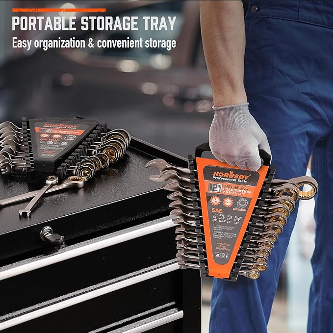 HORUSDY 24-Piece Ratcheting Wrench Set | Metric and SAE | Ratchet Combination Wrenches Set with Organizer | 72-Teeth | Chrome Vanadium Steel | 8-19 mm & 1/4” to 7/8“
