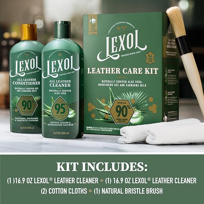Lexol Advanced Naturals Leather Care Kit with All Leather Cleaner, Conditioner, 2 Cotton Cloths and Natural Bristle Brush, Great for Car Interiors, Furniture, Bags, Boots, Baseball Gloves, 5 Piece Kit