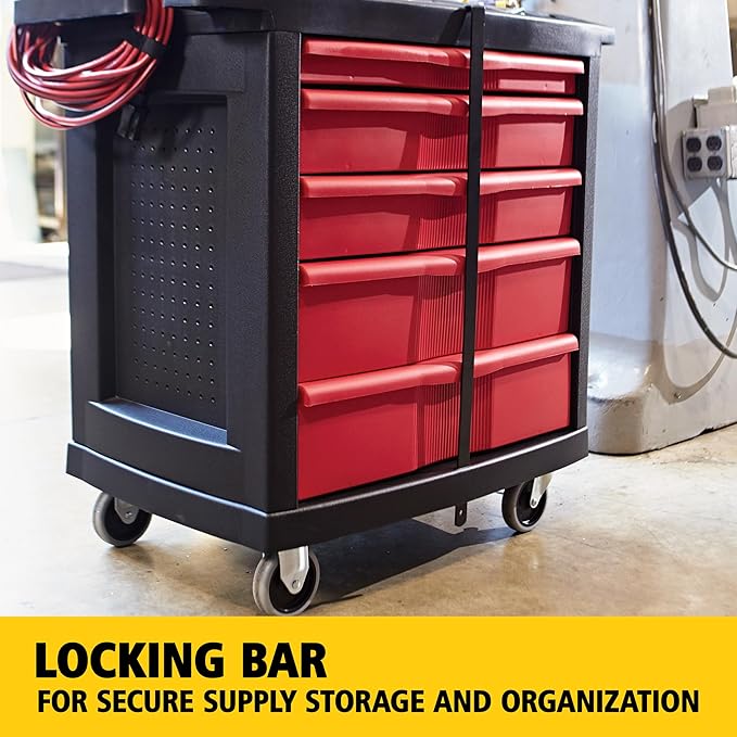 Rubbermaid Commercial Products Mobile Tool Work Center, 5 Drawers, 250 lb. Capacity, Black, for Warehouse/Garage/Cleaning/Maintenance