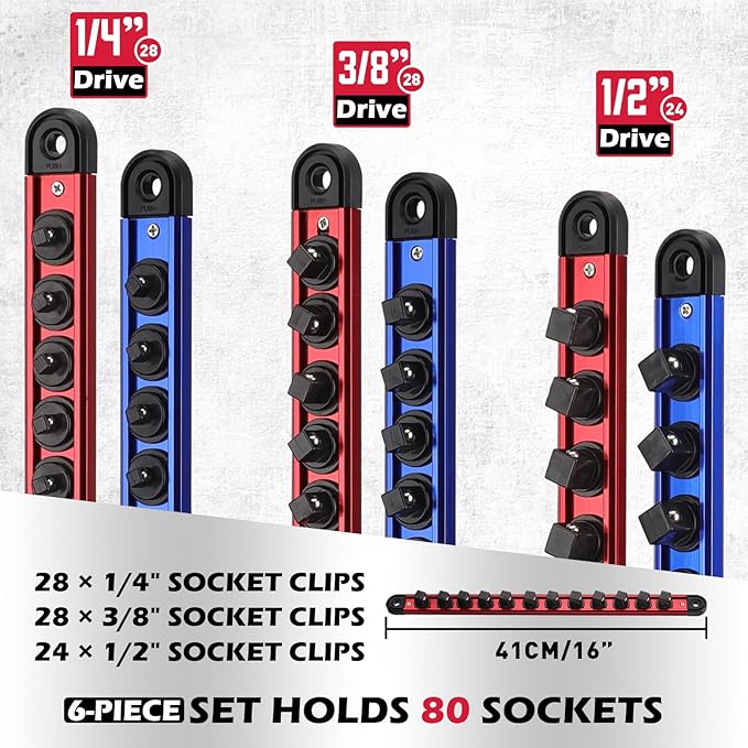 8-Piece Magnetic Socket and Wrench Organizer Set, Metric & SAE, 1/4", 3/8", 1/2" Drive Socket Rail, 24-Slots Wrench Holder with Non-Slip Handle for Toolbox Drawer Storage (Socket Wrench not Included)