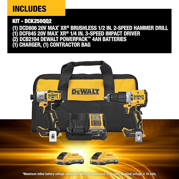 DEWALT 20V MAX XR Impact Driver and Hammer Drill Cordless Power Tool Combo Kit, Includes 2x 4ah POWERPACK Batteries and a Charger (DCK250QQ2)