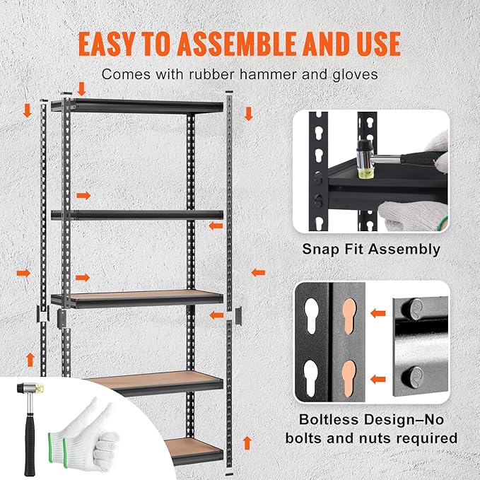 VEVOR Storage Shelving Unit, 5-Tier Adjustable, 2000 lbs Capacity, Heavy Duty Garage Shelves Metal Organizer Utility Rack, Black, 36" L x 18" W x 72" H for Kitchen Pantry Basement Bathroom Laundry